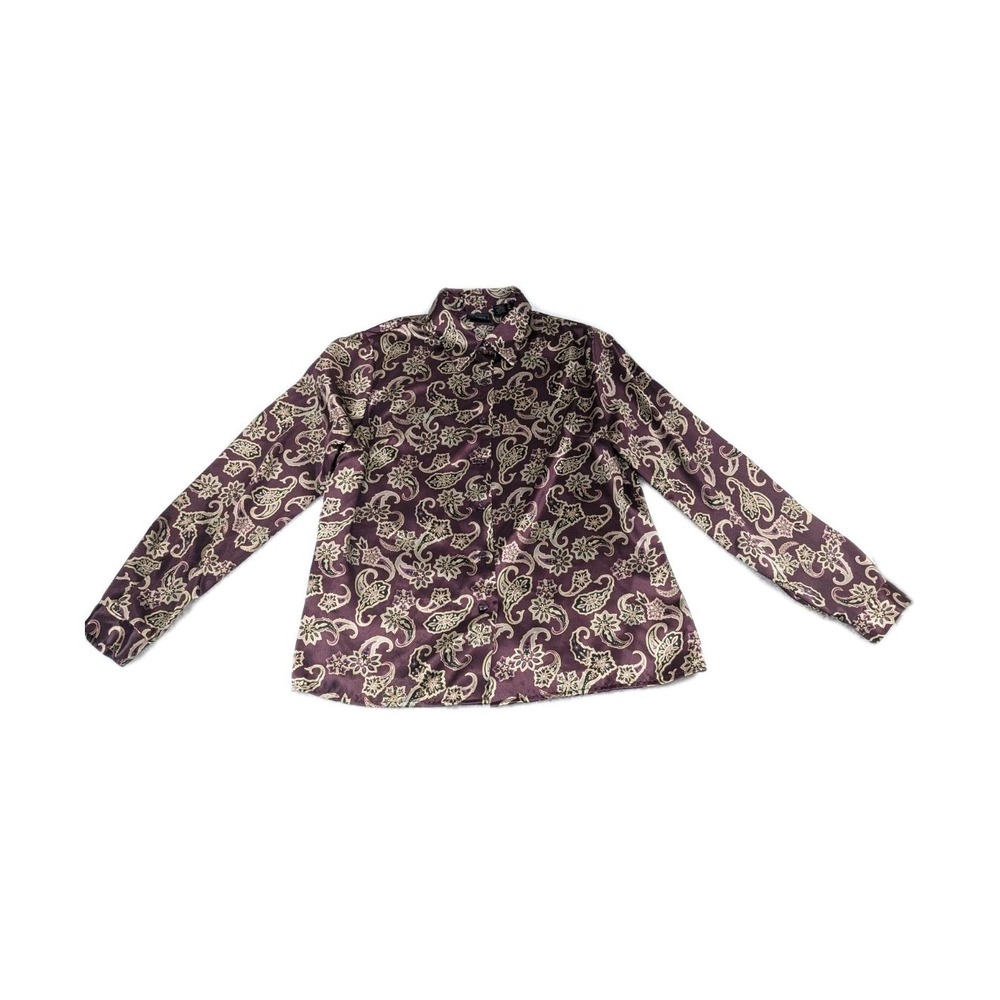 Laura Scott Women's Plum/Grey Red Long Sleeve Paisley Print Satin Blouse 12โ